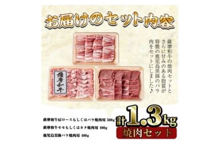 No.423 薩摩和牛と鹿児島黒豚の焼肉セット(合計1.3kg・肩ロース バラ焼肉用500g、モモもしくはカタ焼肉用 400g、黒豚バラ焼肉用 400g)国産 九州産 和牛 黒豚 豚肉 ロース 肩肉 カタ バラ 焼肉【さつま屋産業】