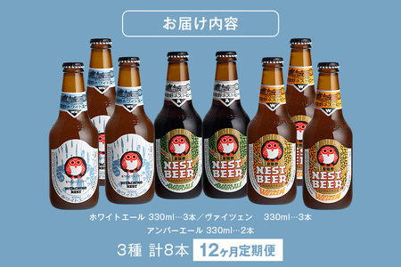 常陸野ネストビール 定期便 定番飲み比べ8本セット12か月分 飲み比べ 詰め合わせ 飲み比べセット クラフトビール 地ビール ご当地ビール 御中元 お中元 ギフト 残暑見舞い お誕生日祝い ビールギフト ビールセット 暑中見舞い