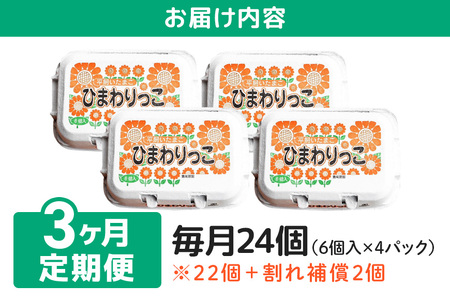 平飼いたまご ひまわりっこ 3か月定期便 24個 (22個＋割れ補償2個) 1箱×3回 卵 鶏卵 高品質 贈答 お歳暮 那珂市 国産 高級 安心 平飼い たまご 玉子 無選別 コク旨 濃厚 黄身 白身 地鶏 たまごかけごはんにぴったり A25-002