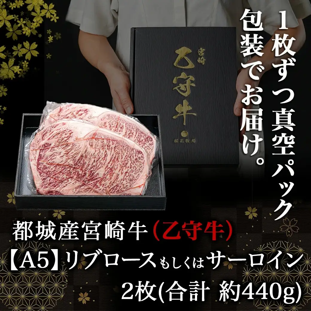 数量限定！【宮崎牛A5】ロースステーキ 計約440g(2枚) (乙守牛)〔26-6501〕_(都城市) 都城産宮崎牛 乙守牛 A5 リブロースもしくはサーロイン 2枚 約440g 真空パック ギフト 贈答用 