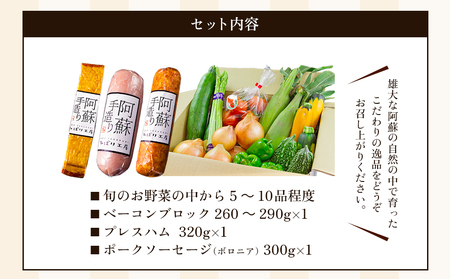 【季節のお野菜と金賞受賞ひばり工房3大人気セット】お野菜セット 熊本県産 旬の野菜と果物 4～6品 野菜 お野菜 本場ドイツ食肉コンテストsuffa 金賞受賞 ベーコンブロック プレスハム ポークソーセージ 減農薬 産地直送 詰め合わせ