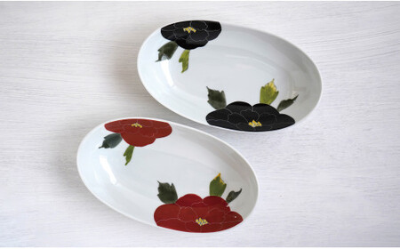 有田焼 赤牡丹・黒牡丹 楕円カレー皿 2枚セット【 泰山 】牡丹 ぼたん 赤 黒 カレー パスタ 煮物 器 食器 A50-321