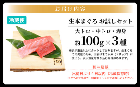 まぐろの王様！生本マグロ！まぐろ三昧おためしセット合計300g前後（赤身・中トロ・大トロ各約100g） [e04-a083] 
