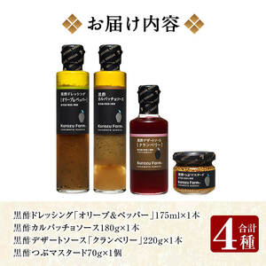 A0-337 Kurozu Farm 和牛にあう黒酢調味料セット(合計4種)坂元のくろずを使用したドレッシング・ソース・つぶマスタード等4種詰め合わせ【坂元のくろず】霧島市 調味料 お酢