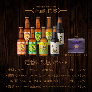 宮崎ひでじビール定番と栗黒8本セット 受賞歴多数 マツコの知らない世界/ クラフトビール の世界TVで紹介(7/18放送) 瓶 330ml 4種 各 2本 箱入り のし対応 ギフト 太陽のラガー 森閑のペールエール 九州CRAFT日向夏Premium 栗黒 送料無料 N073-YZA930