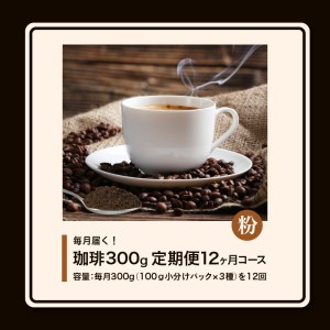 コーヒー300g 定期便12ヶ月コース 粉コース_定期便 12ヶ月 コーヒー 粉 各 100g 3種 合計 300g 小分け パック 飲み比べ 毎月 世界の生産地別のコーヒーが届く 産地 銘柄 発送時期によりランダムでお届け コーヒーブレイク コーヒータイム 飲み物 飲料類 お取り寄せ 送料無料 〔Ec110-P〕