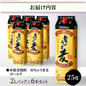 本格麦焼酎 めちゃうま麦ゴールド25度2Lパック×6本セット_焼酎 麦焼酎 めちゃうま麦ゴールド 25度 2Lパック 6本 セット 鷹正宗 紙パック 本格焼酎 白麹仕込み まろやかな味わい 切れ味よい後口 美しい輝きのある琥珀色 お酒 アルコール 福岡県 久留米市 お取り寄せ 送料無料 〔El019〕