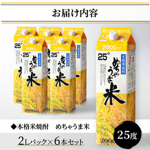 本格米焼酎 めちゃうま米25度2Lパック×6本セット_焼酎 米焼酎 2年連続 金賞 福岡県酒類鑑評会 めちゃうま米 25度 2L 6本 セット 鷹正宗 紙パック 本格焼酎 穏やかで優しい口あたり 華やかで甘い香り キレの良い後味 刺し身との相性 お酒 アルコール  焼酎ハイボール 福岡県 久留米市 お取り寄せ 送料無料 〔El020〕