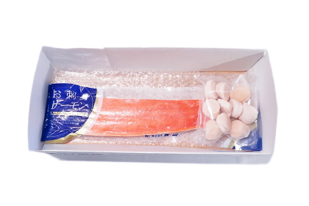 刺身用ほたて貝柱200g・刺身用トラウトサーモン(背)300～400g×1本 A-14221