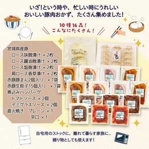 冷凍惣菜詰合せ10種セット 16品 ＜味付け肉4種・豚まん・生餃子・煮込みハンバーグ2種・直火焼きハンバーグ2種＞ 宮城県産 豚 豚肉 肉 お肉 簡単調理 時短 ストック おかず 惣菜【有限会社伊豆沼農産】 tm033