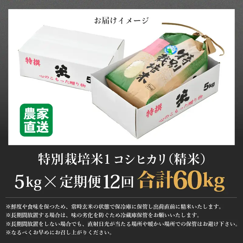 【先行予約】【令和8年産 新米】定期便《12ヶ月連続お届け》コシヒカリ 精米 5kg （計60kg）特別栽培米 農薬不使用 化学肥料不使用 ／残留農薬ゼロ 高品質 鮮度抜群 福井県産 ブランド米 白米 ※2026年10月上旬以降順次発送 [aw063-n005]