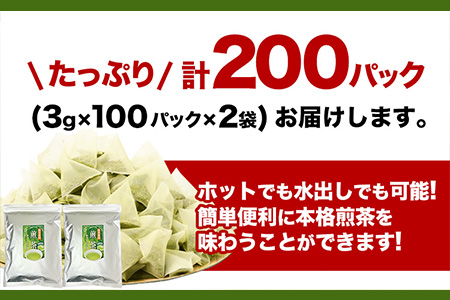八女茶 煎茶ティーバッグ 計200パック (3g×100パック入り×2袋) 株式会社親和園《30日以内に出荷予定(土日祝除く)》福岡県 鞍手郡 鞍手町 お茶 緑茶 茶 八女星野茶 ティーパック ティーバッグ 八女茶 送料無料