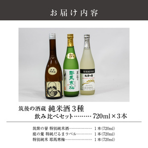 ≪地場産くるめオリジナル≫筑後の酒藏 特別純米酒 3種飲み比べセット（720ml×3本）_純米酒 飲み比べ 720ml × 3本 セット 筑後の地酒 筑紫の誉 庭のうぐいす だるまラベル 比翼鶴 耶馬寒梅 日本有数 酒処 地場産 くるめオリジナル 飲料 お酒 酒 日本酒 地酒 アルコール 晩酌 お取り寄せ 福岡県 久留米市 送料無料 〔Ej024〕