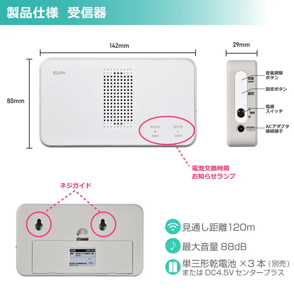 ワイヤレスチャイム（防水押しボタン＆受信機）