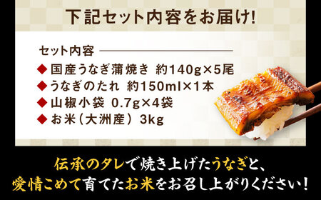 うなぎ 5尾＋お米（3kg）【冷蔵】国産[AGAH006]うなぎ