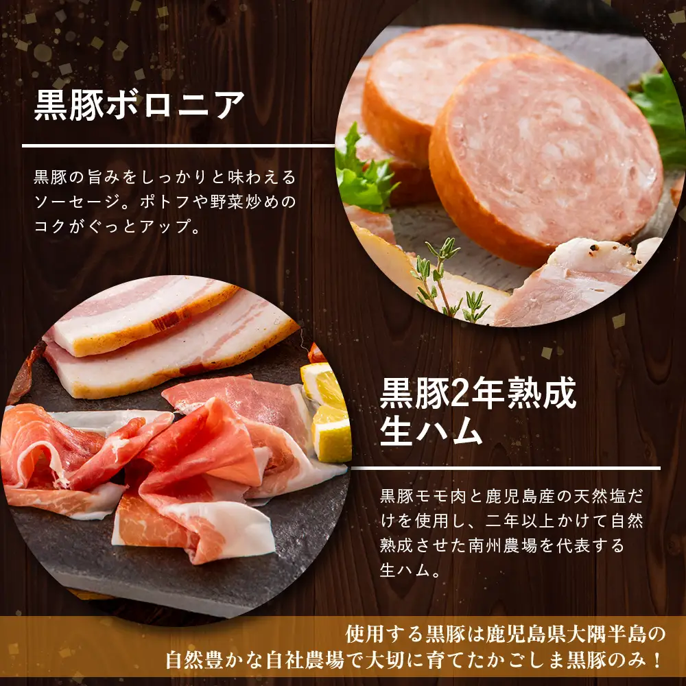 鹿児島県産 黒豚ギフトB 8種セット 約1.48kg NS-513 ❘ 肉 お肉 豚肉 豚 にく ぶた かごしま黒豚 焼豚 モモハム パストラミ ベーコン 厚切り ハム ウィンナー ボロニア 生ハム ウィンナー 冷蔵 詰め合わせ 贈り物 鹿児島県 南大隅町 南州農場