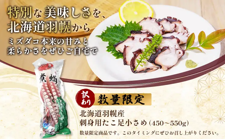 【訳あり】北海道羽幌産 刺身用たこ足小さめ （450～550g）【冷凍】【06114】