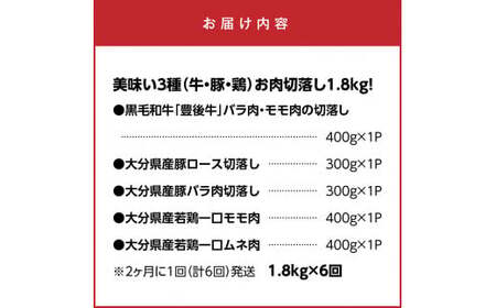 2ヶ月毎お届け！美味い3種のお肉切落し1.8kg定期便/計6回発送_2165R-K