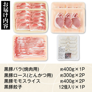 【B02076】特選黒豚バラエティセット(約1.8kg)黒豚バラ(焼肉用)、黒豚ロース(トンカツ用)、黒豚モモスライス、黒豚餃子のセット！ 鹿児島 国産 九州産 黒豚 豚肉 お肉 バラ ロース モモ スライス 餃子 ぎょうざ 焼肉 とんかつ しゃぶしゃぶ バラエティ【和田養豚】