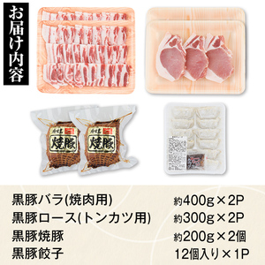 【B02091】特選黒豚(計約1.4kg)  黒豚焼豚(約200g×2個) 黒豚餃子(12個入×1P) 鹿児島 国産 九州産 黒豚 豚肉 お肉 バラ肉 ロース トンカツ 焼豚 叉焼 チャーシュー 餃子 ぎょうざ ギョーザ おかず 惣菜 ギフト 贈答【和田養豚】