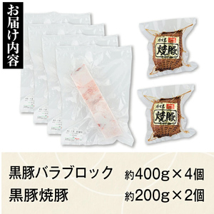 【B02102】鹿児島県産黒豚バラブロック(計約1.6kg・約400g×4P) 黒豚焼豚(約200g×2個) 鹿児島 国産 九州産 黒豚 豚肉 お肉 焼豚 叉焼 チャーシュー 肉加工品 豚バラ バラ肉 ブロック 贈答 ギフト【和田養豚】