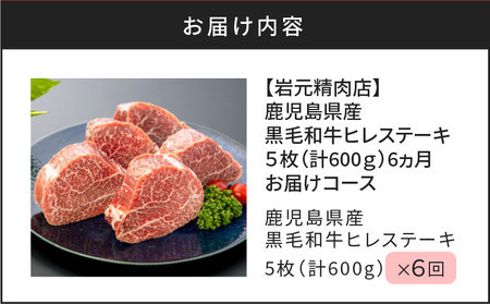 【 岩元精肉店 】 鹿児島県産 黒毛和牛 ヒレ ステーキ 5枚 （ 600g ） 6ヵ月 お届け コース K045-T05 肉 牛肉 冷凍