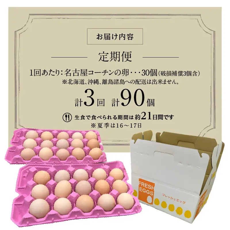 【3ヶ月定期便】名古屋コーチン卵(30個入り)×3回（計90個）　日本三大地鶏　小牧市発祥[006K01-T]コーチン卵 高品質卵 濃厚卵