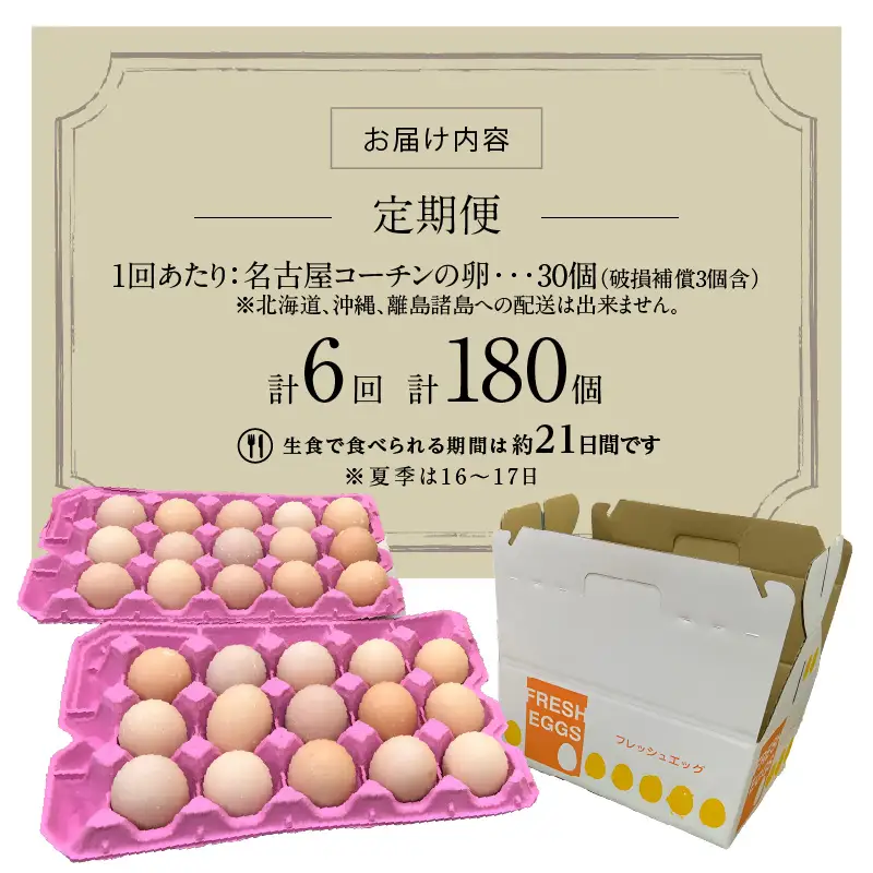 【6ヶ月定期便】名古屋コーチン卵(30個入り)×6回（計180個）　日本三大地鶏　小牧市発祥[006K03-T]コーチン卵 高品質卵 濃厚卵