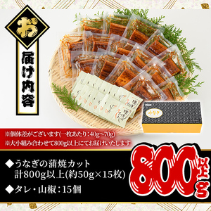 無投薬 うなぎ 蒲焼 カット(計800g以上・約50g×15枚) タレ・山椒付き 鹿児島県産【西日本養鰻】B147-v02