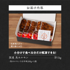 【馬肉】 国産馬ホルモン《旨辛味》《200g入り×5P》_国産 馬ホルモン 旨辛味 200g × 5パック 小分け 福岡県産 ホルモン 化粧箱入り やみつき うま辛 鮮度抜群 真空包装 急速冷凍 福岡県 久留米市 お取り寄せ グルメ ご飯のお供 おかず おつまみ 炒め物 焼きそば 焼肉 肉 馬肉 冷凍 送料無料 〔Ax305〕