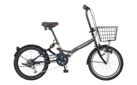 ノーパンク 折りたたみ自転車 ベルヴェデール Belvedere カーキ 20インチ 6段変速 リアサス・前カゴ・LEDライト付｜武田産業 フォールディングバイク 人気返礼品 空気入れ不要 パンクしない 通勤 通学 三重県 四日市市 ふるさと納税