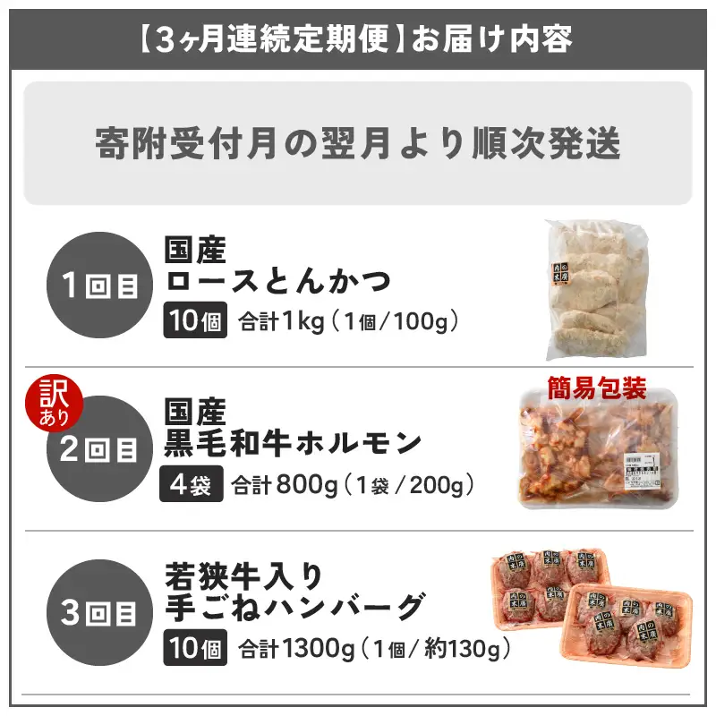 【定期便 3ケ月】 お肉屋さんよりお届け  ロースとんかつ/ホルモン/ハンバーグ 国産黒毛和牛 冷凍  [e02-c010]