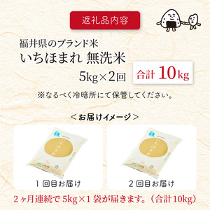 【令和7年産】定期便 ≪2ヶ月連続お届け≫ 福井県のブランド米 いちほまれ 無洗米 5kg × 2回 計10kg 【 無洗米 人気 品種 ブランド米 特A 】 [C-6113]