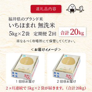 【令和7年産】 定期便 ≪2ヶ月連続お届け≫ 福井県のブランド米 いちほまれ 無洗米 10kg × 2回 計20kg 【 無洗米 人気 品種 ブランド米 特A 】 [G-6104]