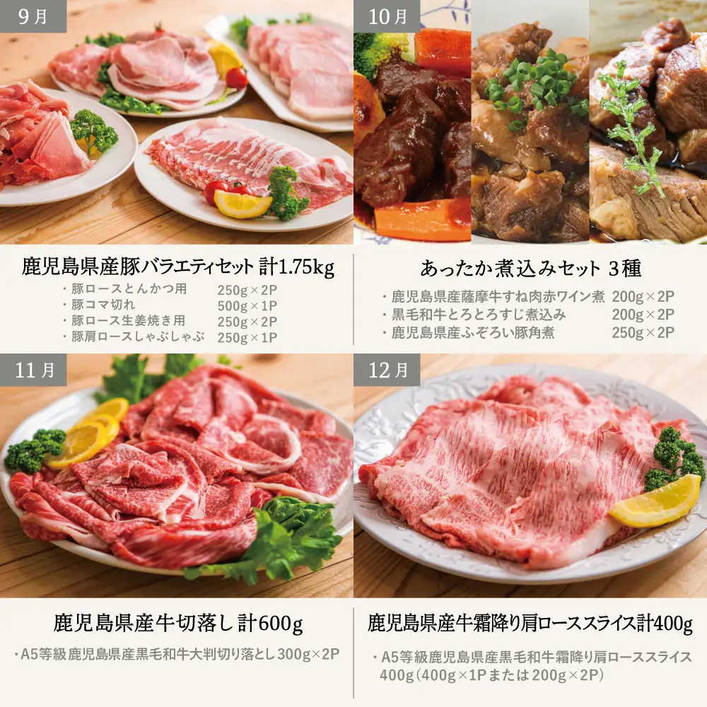 情熱牧場 鹿児島県産お肉の定期便 スタンダードコース（全12回）お肉 ステーキ すき焼き しゃぶしゃぶ A5等級 黒毛和牛 牛肉 豚肉 焼肉 定期便 冷凍