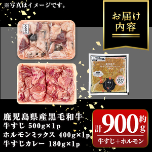 【A91032】黒毛和牛牛すじ・ホルモンミックス(約500g＋約400g)+牛すじだらけのカレー(180g)セット 鹿児島 国産 九州産 黒毛和牛 牛肉 お肉 ビーフ 牛すじ ホルモン ミックス モツ もつ レトルトカレー ご当地カレー 煮込み ギフト 贈答【新村畜産】