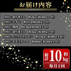 【E01009】＜定期便・全6回＞鹿児島黒牛 満足定期便・満腹セット(全5種・合計10kg) 鹿児島黒牛 モモ 赤身 ホルモン 霜ぶり 霜降り ステーキ 牛すじ 切り落とし 切落し 焼肉 食べ比べ 日本一 鹿児島 国産 九州産 牛肉 ビーフ 定期便【新村畜産】