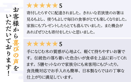 若狭塗箸　【食洗機対応】持ちやすい木彫り箸　にっぽんの伝統色５膳セット｜ 箸 はし お箸 日本製 セット 伝統工芸品 日用品 食洗器 木彫り 木 木材 若狭塗 天然 おしゃれ カラフル 新年 新しいお箸 新生活 新生活準備 5色 塗り箸 抗菌 国産 送料無料 [BFCL003]
