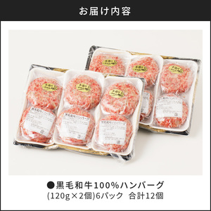 ハンバーグ 黒毛和牛 100％ （ 2個入 × 6パック ）【 肉のヨコムラ 】 K189-004 肉 牛肉 惣菜 総菜 冷凍