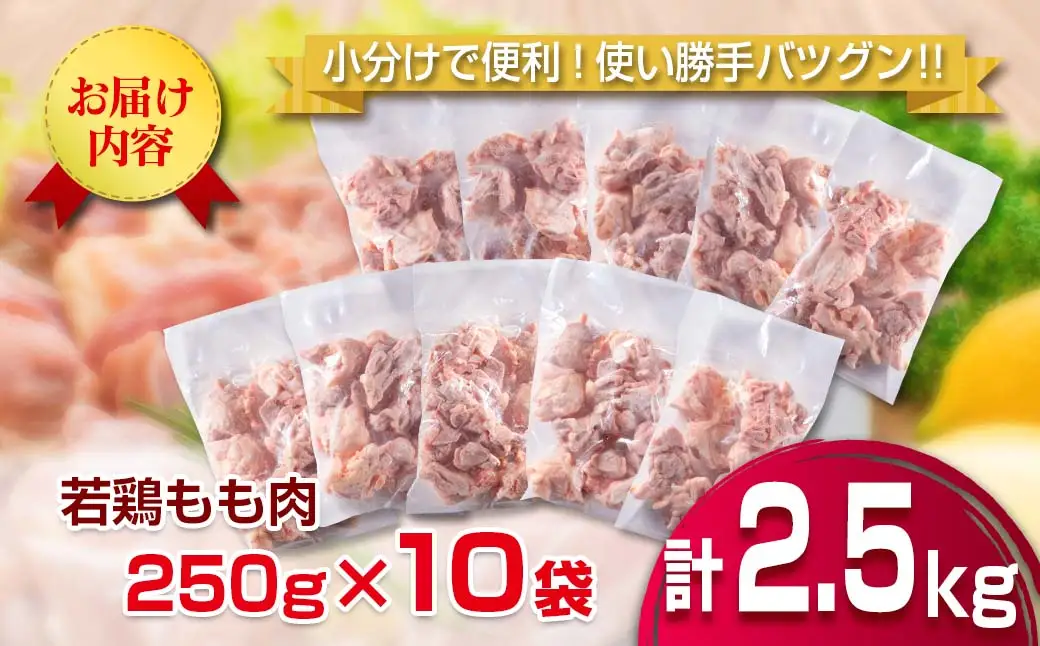 小分け 便利 カット済 若鶏 もも肉 計2.5kg 250g×10袋 鶏肉 国産 IQF冷凍 バラバラ凍結 人気 おすすめ_BC139-26