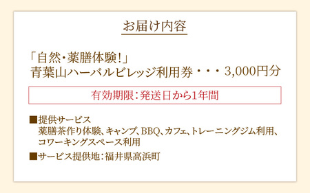 「自然・薬膳体験！」青葉山ハーバルビレッジ利用券3,000円