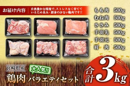 ≪様々な料理に大活躍!≫ 小分け 真空パック 鶏肉 バラエティ セット 合計3kg 鶏もも肉 鶏むね肉 ささみ 手羽先 手羽元 詰め合わせ 国産 肉 大満足 6種 食品 おかず からあげ BBQ 人気 おすすめ お弁当 万能食材 宮崎県 日南市 送料無料_BC123-25