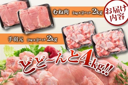 訳あり 数量限定 鶏肉 むね肉 手羽元 セット 合計4kg 国産 人気 チキン ムネ おかず お弁当 おつまみ 食品 万能食材 大容量 から揚げ 煮込み 焼肉 詰め合わせ 人気 おすすめ ギフト おすそ分け お取り寄せ グルメ 真空パック 宮崎県 日南市 送料無料_C143-25