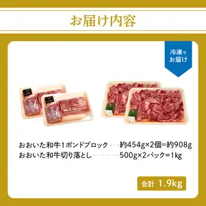 厳選A4～A5等級 おおいた和牛 1ポンドブロック・切り落としセット 合計約1.9kg A01127