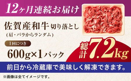 定期便12回 訳あり 佐賀産和牛 切り落とし 600g きりおとし 定期便[FDB029]