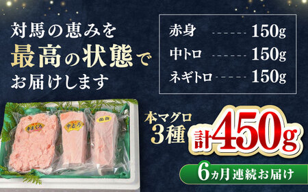 【全6回定期便】対馬産 本マグロ 3種 計450g（赤身/中トロ/ネギトロ） [WAH013] マグロ まぐろ 本マグロ トロ 赤身 ネギトロ 