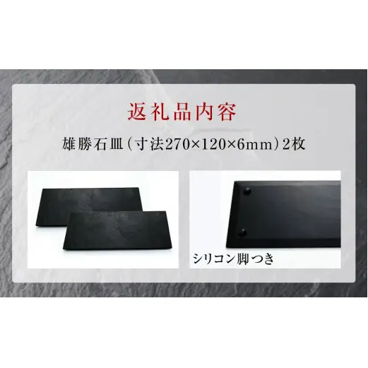 【雄勝石】石皿270×120　２枚組  雄勝石 玄昌石 食器 石皿 270×120×6mm シリコン脚付き お皿 天然石 プレート 黒 雄勝硯生産販売協同組合