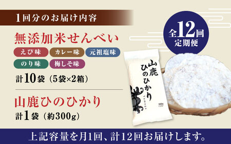 【12回定期便】【おつまみにも♪】米せんべい（えび味、カレー味、元祖塩味、のり味、梅しそ味）&amp; ヒノヒカリ【せんべい工房】[ZBQ016]