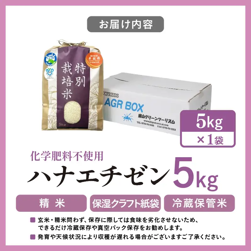 【先行予約】【令和8年産】 化学肥料不使用ハナエチゼン 精米 5kg（5kg×1袋）　/ 米 白米 福井県あわら市産 ブランド米 美味しい 特別栽培米 減農薬 安心な米 旨味 甘み エコファーマー 冷蔵保管米 ※2026年8月下旬より順次発送 [aw010-a041]