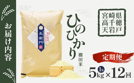【12か月定期便】【令和7年産】13代目甲斐長衛門が選び抜いた高千穂産ひのひかり　長衛門米5㎏×12回 長衛門米 ヒノヒカリ お米 精米 白米 米 白ご飯 ごはん おにぎり おむすび 米袋 農作物 定期便 宮崎県産 高千穂町産 普段使い _Tk019-t021